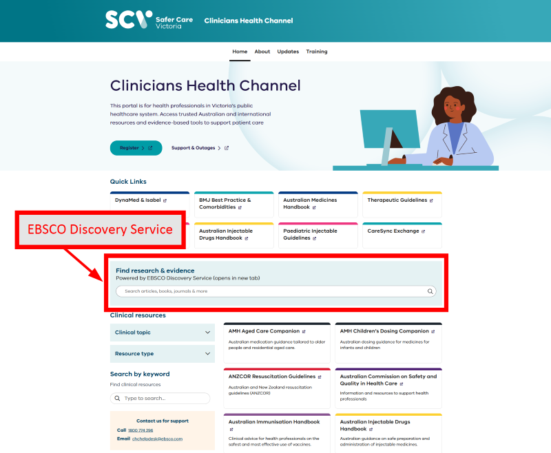Screenshot of the CHC homepage showing the location of the EBSCO Discovery Service searchbox