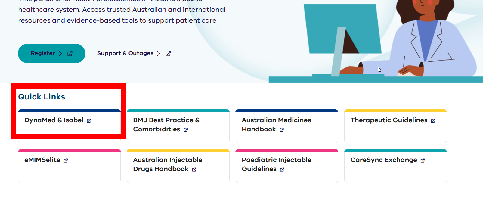 Image of CHC homepage showing location of the DynaMed access link