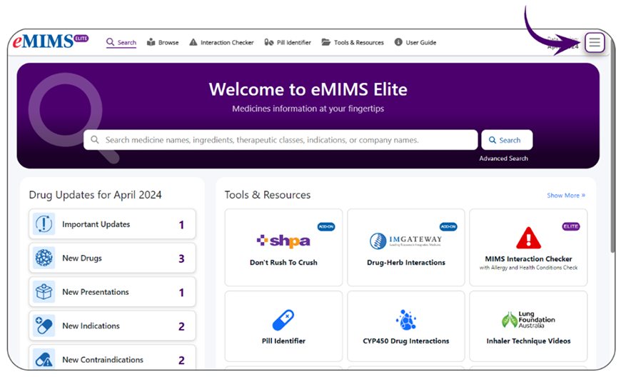 eMIMSelite screenshot showing hamburger menu icon location